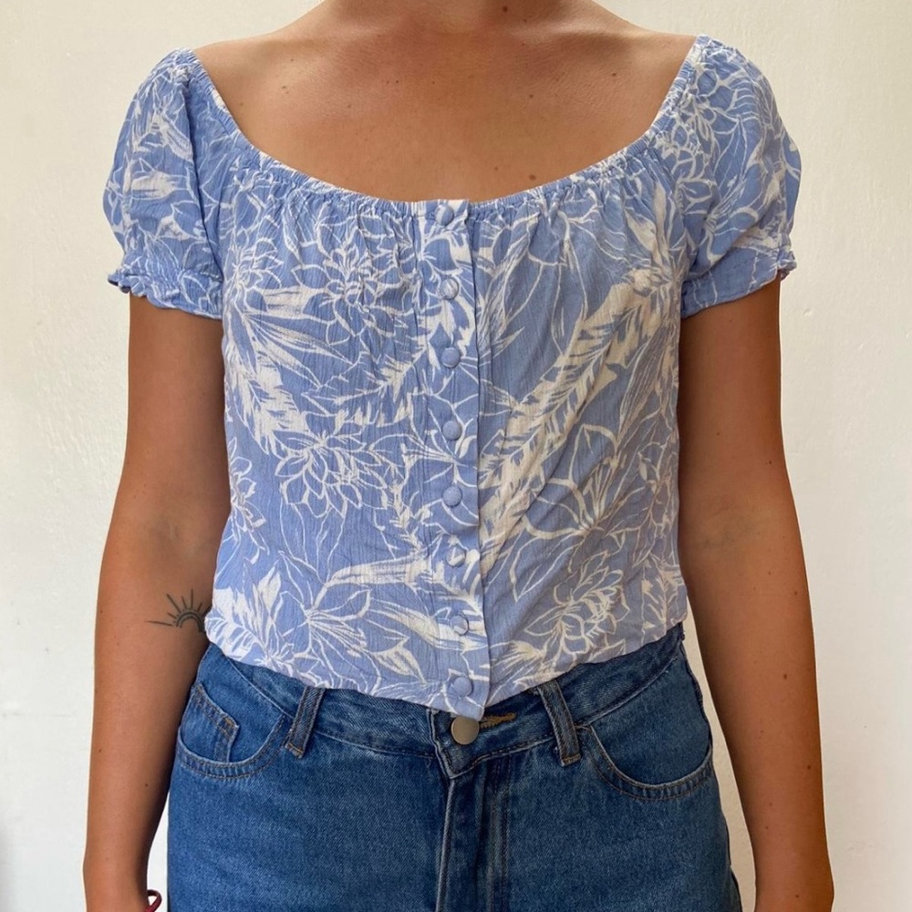 Roxy Crop Top Womens Large Midnight Magic Prairie Button Short Slv Blue Hawaiian